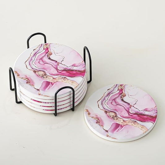 Ceramic Drink Coasters Set of 6 with Holder, Modern Marble Absorbent Ceramic Coasters, Round Ceramic Table Coasters for Home Decor Coffee Kitchen (4 Inches), Pink
