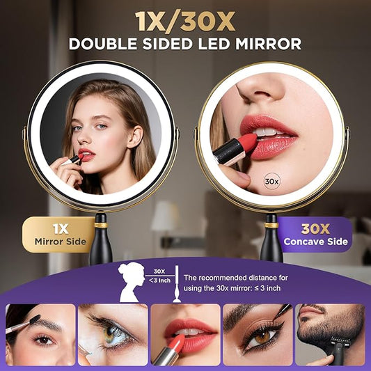 30x Magnifying Mirror with Light, Matte Black with Gold Trim, Makeup Mirror with 3 Color Lights & Brightness Adjustable, 5000mAh Rechargeable Vanity Mirror, Modern Style Side Touch + Side Charge