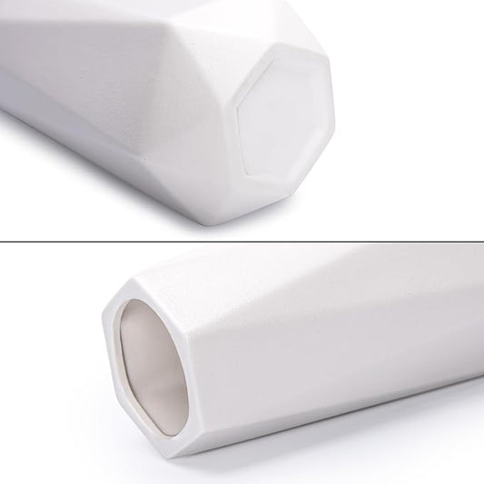D'vine Dev 11 Inch Snow White Ceramic Vase, Geometric Handmade Craft Flower Vase with Design Box Packaged, VS-GM-SW-11