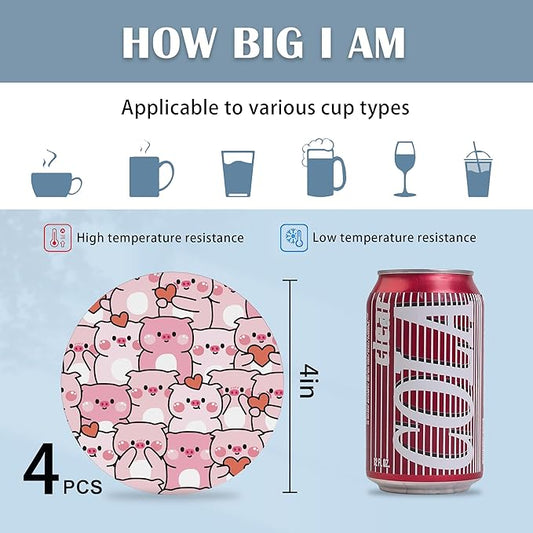 Drink Coasters Set of 4,Cute Pig with Heart Coasters for Drinks Ceramic Coasters with Cork Bottom for Kinds of Mugs and Cups,Home Decor,4''