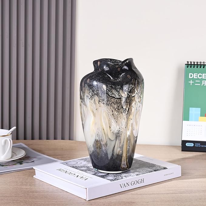 Hand Blown Smoke Glass Vase – Large | Black Amber Bubble Art Vase