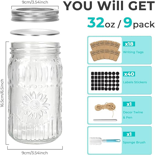 CycleMore 9 Pack 32oz Large Mason Jars with Metal Lids & Bands, Wide Mouth Canning Jars, 1 Quart Jars for Crafts & Homemade Gifts