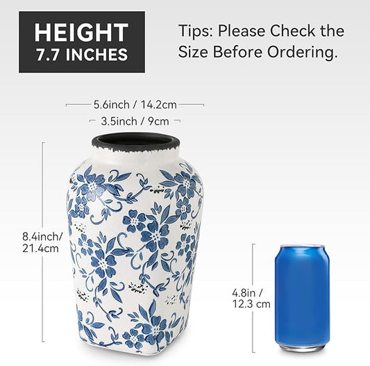 Blue and White Chinoiserie Vase, Handmade Vintage Floral Ceramic Vase, Round Blue Vase for Flowers, Rustic Table Centerpiece, Blue Vases Home Decor for Living Room, Office, Kitchen 8.4 in
