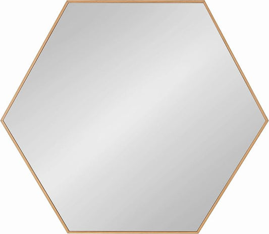 Kate and Laurel Rhodes Modern Hexagon Wall Mirror, 30 x 30, Natural Teak, Chic Geometric Mirror for Wall