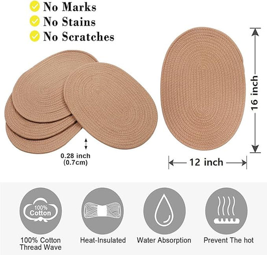 4 Pack Oval Woven Placemats, Jute Plate Chargers Rattan Woven Placemats 11.45x15.58‘’ Wicker Place mats Farmhouse Boho Braided Heat Resistant Outdoor Plate Mats Patio Tablemats for Dinning
