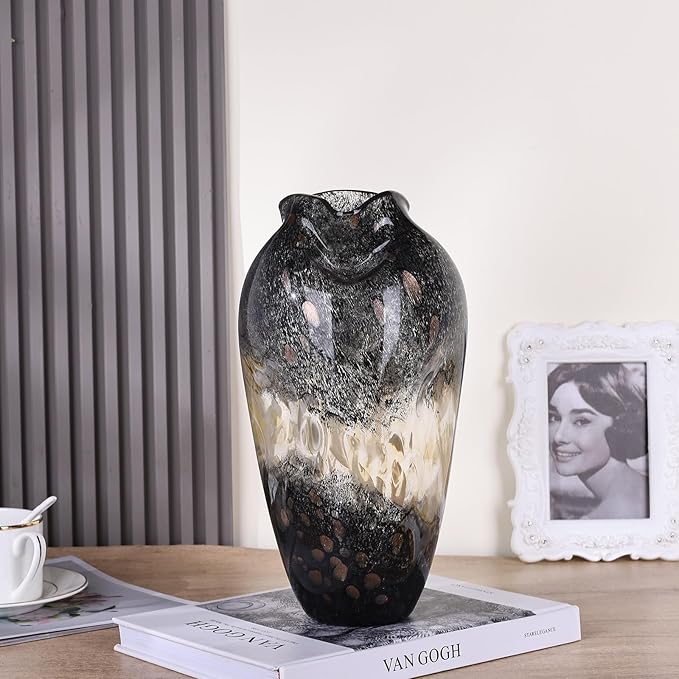 Hand Blown Smoke Glass Vase – Small | Black Amber Bubble Art Vase