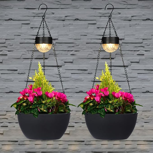 BAYN 2 Packs Solar Hanging Basket Planters for Plants Outdoor, Self Watering Black Flower Plants Pots with Solar Light Drainer for Balcony Patio Garden Outdoor Decoration