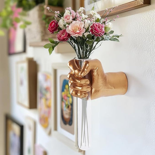 Unique Wall Sculptures, Hand Vases Home Decor, Wall Mount Art Sculpture, Unique Wall Art Statue, Funky Flower Vase Decorations, Modern Eclectic Hanging Decor,Glass Test Tube Vase (Gold)