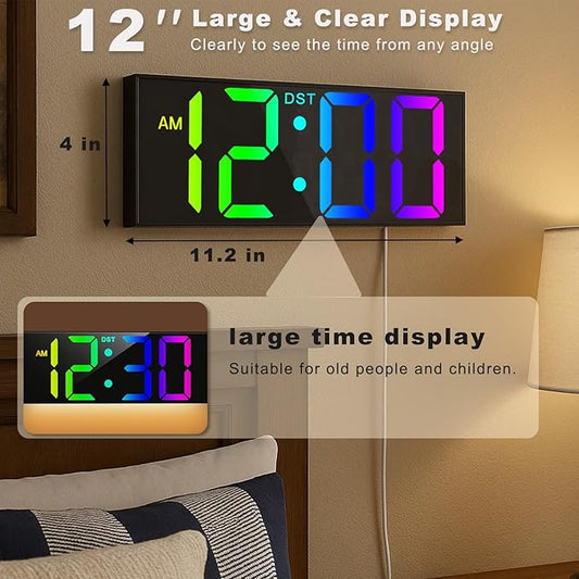 TrophyRak 12'' Large Digital Wall Clock, with Big LED Dispaly, RGB Colors, Dimmer, DST, Night Light for Classroom Livingroom Bedroom Wall Mounted, Birthday Xmas Gift for Senior, Men Womem, Black, RGB