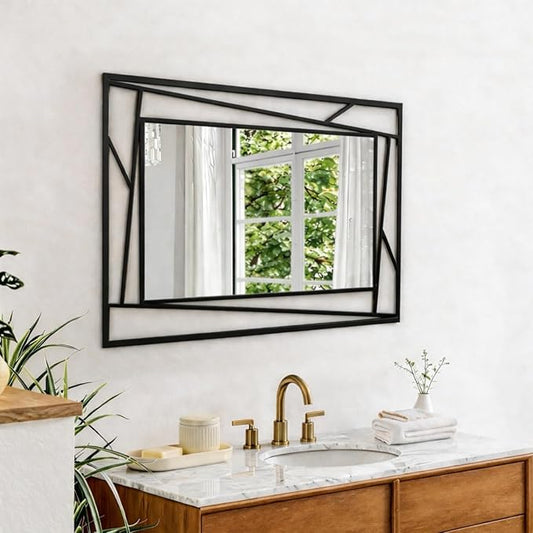 Rectangular Wall Mirror, 36''X24'' Matte Black Metal Framed Farmhouse Bathroom Mirrors for Bedroom Entryway Living Room, Hang Horizontally or Vertically