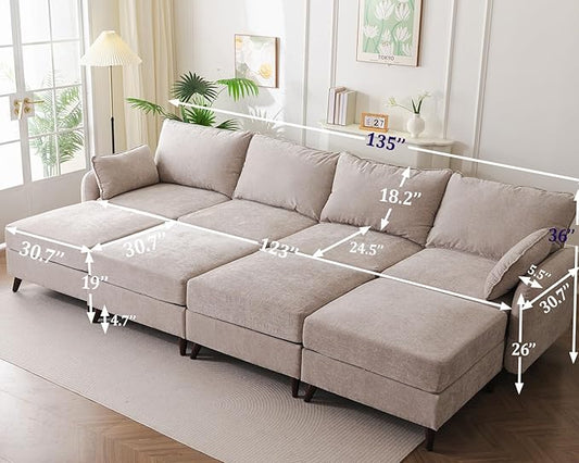 135'' Modular Sectional Sofa with Seats Storage, Oversized Sleeper Sofa Bed,Comfy Couches for Living Room,Cloud Couches with Deep Seat,Movable Ottoman,2 Throw Pillow,Chenille,Khaki