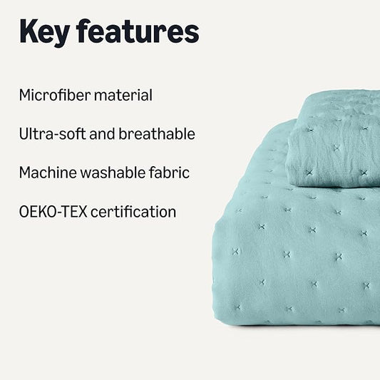 Amazon Basics Brushed Microfiber Quilt Set, Extra Soft with Natural Texture, 2-Piece,Twin/Twin XL, Blue