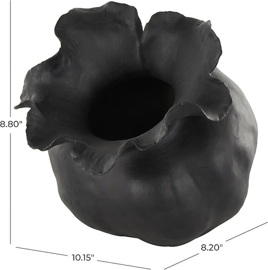 Deco 79 Ceramic Abstract Wide Rounded Floral Shaped Vase with Petal Rim, 8" x 10" x 9", Black