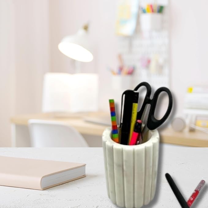 Décor Envogue Natural Scalloped White Marble SPA Collection Tumbler Toothbrush Holder Marble Pencil Pen Holder Stand for Desk, Makeup Brush Cup for Girls, Bathroom Tumbler Cup, Durable Office & Home