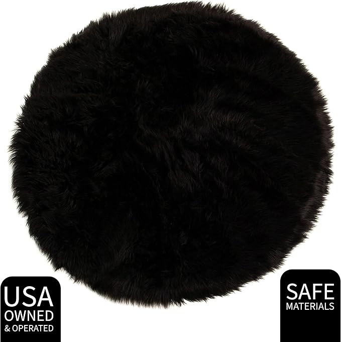 Super Area Rugs Ultra Soft & Fluffy Faux Sheepskin Rug, Black 5 X 5 Round Carpet for Bedroom Living Room