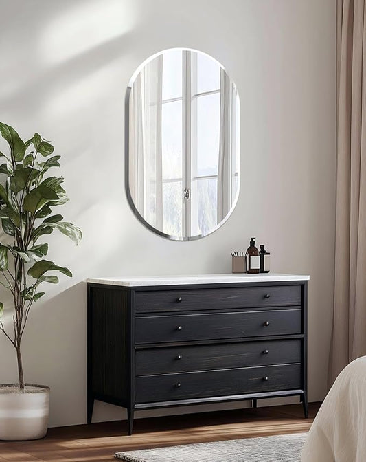 Frameless Oblong Wall Mirror: Decorative Oval Mirrored Glass Vanity with Beveled Silver Edge for Bathroom Bedroom Livingroom Dining Room Entryway Hallway, 32 x 20 inch