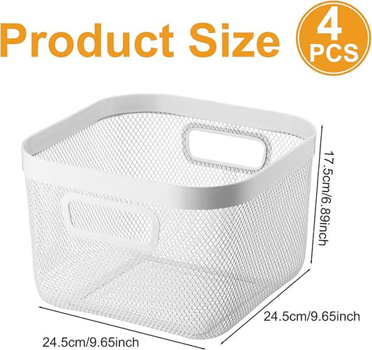 4 Pack Metal Mesh Basket with Hollow Handles White Wire Storage Bin for Organizing Stackable Metal Fine Mesh Basket for Pantry Bathroom Kitchen Cabinets Shelves (Medium)