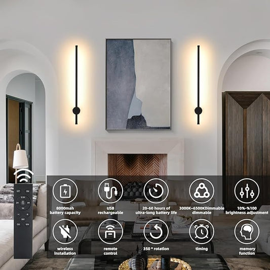 LED Wireless Wall Sconce with Remote Control, Dimmable/350° Rotate/Timing/USB Rechargeable Battery Powered Indoor Wall Lamps, 23.6 inch Black Wall Lights Set of Two for Hallway, Living Room, Bedroom