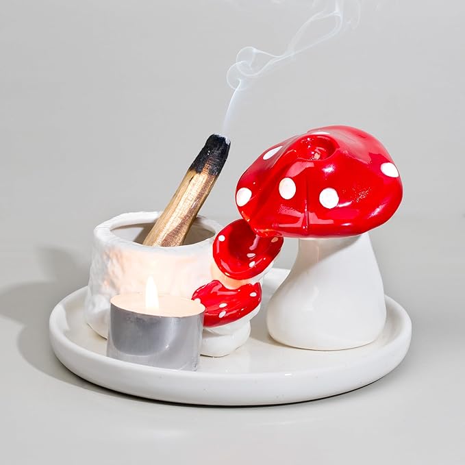 ZenBless 5 in 1 Mushroom Gifts Waterfall Incense and Candle Burner for Burning Sage, Palo Santo, Incense Sticks Backflow Cones,Candle Ceramic Backflow Cone Holder Spiritual Meditation Yoga