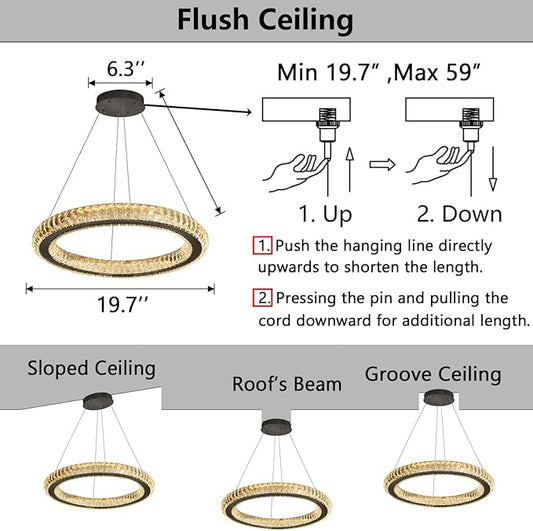 Crystal Ring Chandelier Black Modern LED Pendant Lights for Dining Room Remote Dimmable Hanging Light Kitchen Island Entrance Bedroom Lighting Chandeliers
