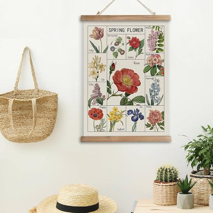 Vintage Spring Flower Poster Print, Botanical Educational Illustration, Rustic Wooden Hanger Frame, Linen Canvas Wall Art Decor, Farmhouse Cottagecore Style for Living Room Bedroom Office (12" x 16")