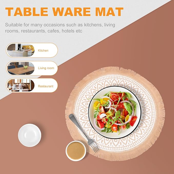 Wakauto Mandala Round Placemat Set 3Pcs, Heat-Resistant Jute Fabric Table Mats Tassels, Woven Farmhouse Dining Table Decor for Kitchen and Everyday Use