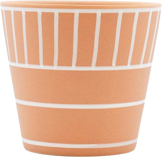 Stephanie Imports Boho Brown Terracotta Planter Pot with Hand-Painted Matte White Design (Block Lines)