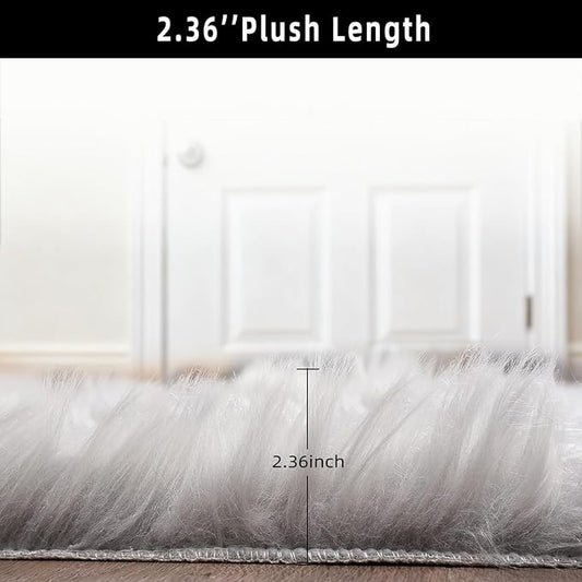 Grey Faux Fur Sheepskin Area Rug for Living Room Bedroom, 2 x 4 Feet Ultra Soft Shaggy Fuzzy Furry Carpet Chair Throw Rugs for Kids, Girls, Nursery Room Decor Dorms