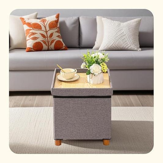 PINPLUS Storage Ottoman Cube, White Linen Footrest with Wooden Legs, Foldable Fabric Footrest, Comfortable Seat with Lid, Ottoman with Storage for Living Room, 15" x 15" x 15",Grey