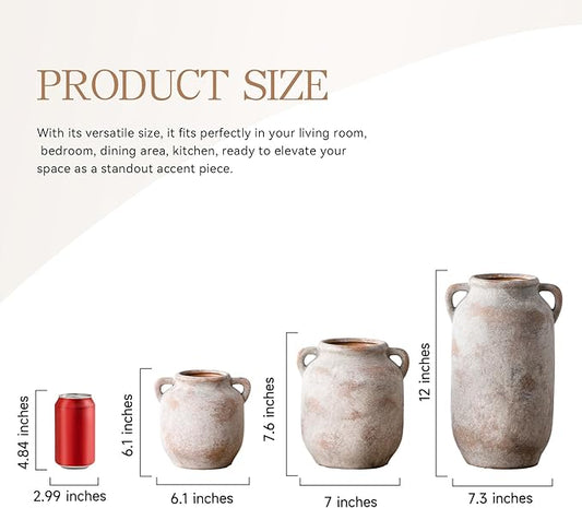 Large Flower Vase Home Decor - 12 inch Tall Ceramic Farmhouse Rustic Table Vases with Handle Living Room Decoration Decorative Modern Vintage for Floor Kitchen Shelf Coffee Dining Desk Fireplace