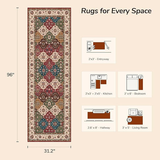 Lessymo Washable Runner Rug 2.6x8, Moroccan Faux Wool Runner Rug Non Slip for Hallways Kitchen Entryway Laundry Room Bedroom Bathroom, Low Pile, Kid & Pet Friendly, Classic Red and Cream