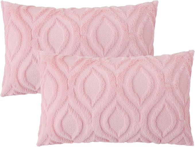 decorUhome Spring Throw Pillow Covers 12x20 Inch Set of 2, Soft Plush Faux Wool Light Pink Solid Couch Pillow Covers, Accent Farmhouse Neutral Square Pillow Cases for Sofa Bed Living Room