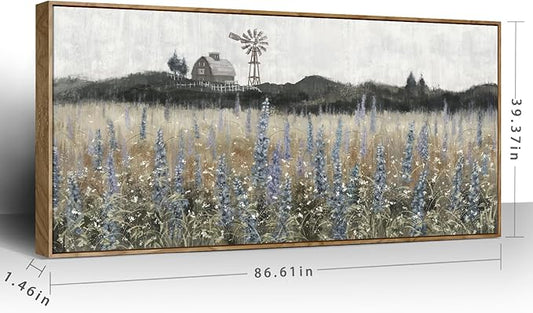 Nicetop Extra Large Vintage Framed Wall Art Nature Wilderness Lavender Flower Meadow Landscape Retro Farmhouse Windmill Barn Wildflower Canvas Print Oversized Artwork for Living Room Office 86x 39inch