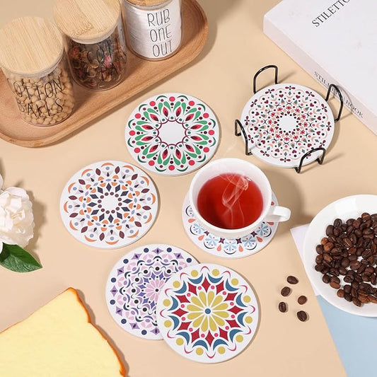Acejoz Drink Coasters Set of 6, Mandala Design, Ceramic, Round, 4 Inches, Multicolor