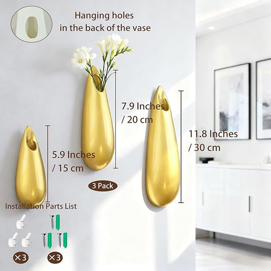 Sculptural Wall Ceramic Vase — 3 Pack Gold Hanging Sconce Vase | Turn Flowers into Art — Decorative Ceramic Wall Sconce for Single Stem Displays