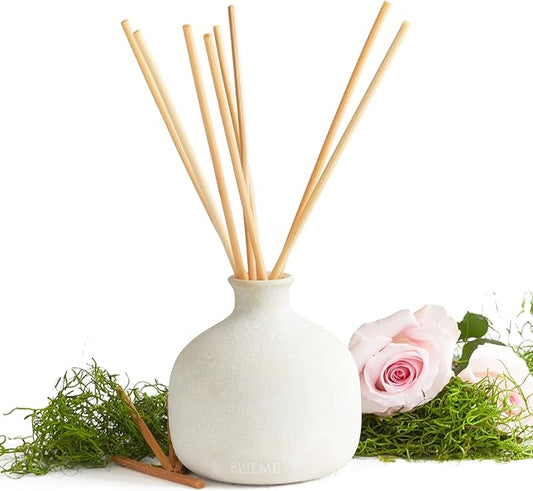 BLUEME Romance-Oakmoss & Sandalwood, 16.91 Fl Oz Wellness Diffuser, Contains Essential Oil, Sustainable, Hand Finished, Premium, Luxury Ceramic, Natural Rattan Reeds