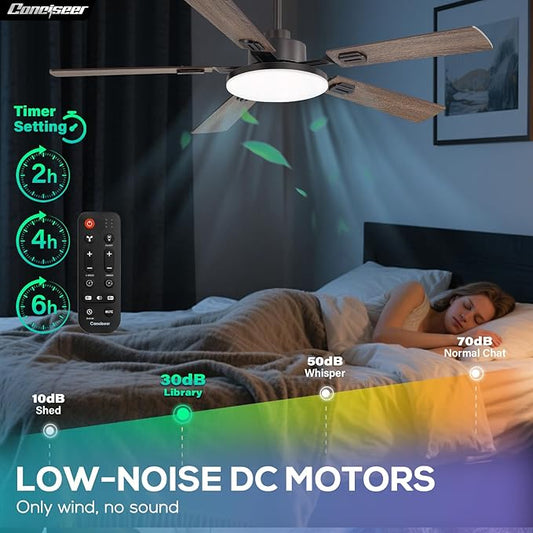 52 Inch Ceiling Fans with Lights and Remote for Bedroom Living Room Kitchen Office, Indoor/Outdoor Use, 5CCT Dimmable, 5 Blades 6 Speed Reversible Quiet DC Motor, Brown/Wood Grain