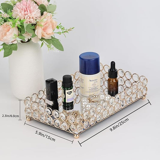Elegant Gold Crystal Mirror Perfume Tray for Vanity, Coffee Table, and Home Decor - Small Glass Tray for Jewelry, Perfume, and Decorative Items - Bandeja para Perfumes, Perfume Trays for Dresser