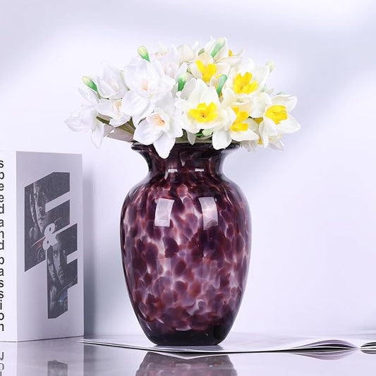 Hand Blown Glass vase, Purple Wide Mouth Glass Large vase for Home Decoration Bouquet, Suitable for Office Living Room TV Stand Kitchen Dining Table Centerpiece Bookshelf entryway Desktop Decoration.
