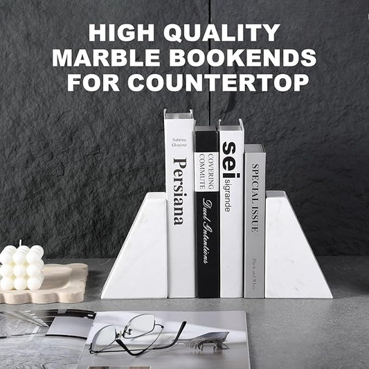 Marble Bookends for Heavy Books, Decorative Book Ends for Shelves, White Stone Durable and Heavy-Duty Book Ends for Hardback Books & CDS, Unique Book Stopper & Holder, Set of 2