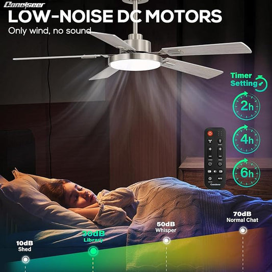 52 Inch Ceiling Fans with Lights and Remote for Bedroom Living Room Kitchen Office, Indoor/Outdoor Use, 5CCT Dimmable, 5 Blades, 6 Speed Reversible Quiet DC Motor, Sand-nickel/Wood Grain