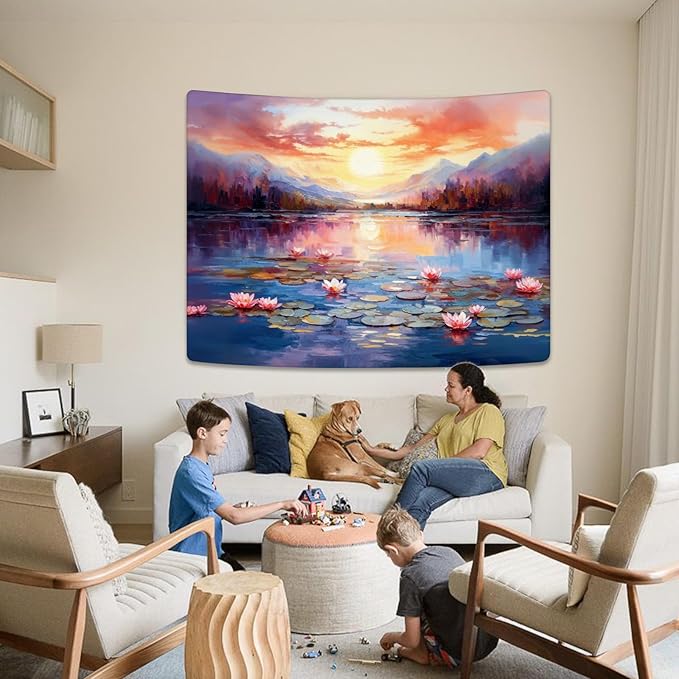 kampdream Landscape Tapestry, Scenery Art Wall Tapestries, Nature Wall Decor for Bedroom Living Room Backdrop Sunset Pond Lotus 60×80 inches