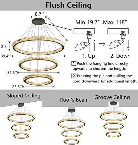 3 Rings Modern LED Chandelier Crystal Dimmable Large Foyer Chanderliers Entryway High Ceiling for Staircase Pendant Lights for Living Room Black Light