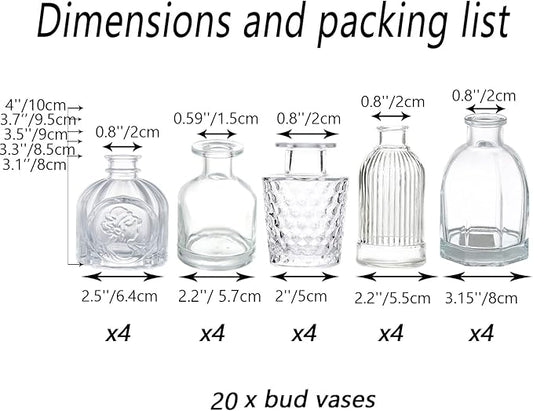 Bud Vases in Bulk - Small Glass Vase Set of 20 Different Shape Vintage, Mini Vases Clear for Flowers, Table, Wedding, Centerpieces, Home Decor