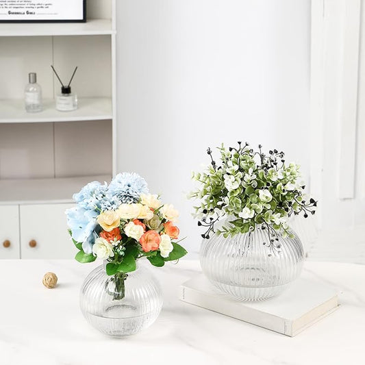 Round Glass Vases Set of 2, Flower Vases for Bouquet, Ribbed Glass Vase for Flowers, Small Clear Vase for Living Room, Office, Coffee Table, Shelf, Wedding