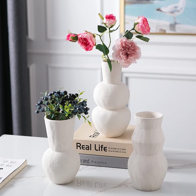 Matte White Ribbed Ceramic Vase Set of 3 | Decorative Pampas Grass Vases for Modern Home Decor