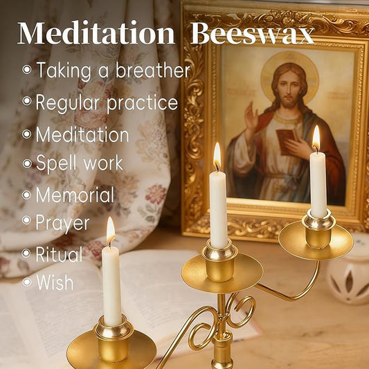 12 PCS Mini Beeswax Taper Candles, 30 Minute White Meditation Candles with Brass Candle Holders, Dripless Mini Beeswax Prayer Candles Gift for Yoga Relaxation (12, White)