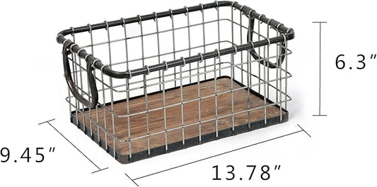 13.8" Wide Rectangular Sturdy Hand Welded Farmhouse Metal Wire Basket with Rustic Wooden Bottom For Shelves, Closet Storage Bins for Shelves. Also For Laundry, Towel, Spice Rack, Tool Box (14"x9")