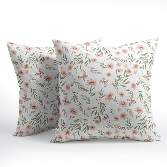 Spring Pillow Covers 16x16 Set of 2 Sage Green Pink Floral Throw Pillow Covers Boho Pillowcase Linen Decoration Farmhouse Soft Decorative Butterfly Cushion Case Couch for Indoor Outdoor Home Decor