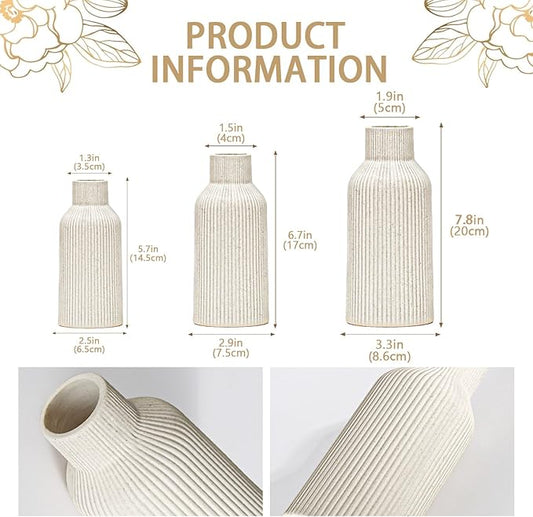 Bohemian Beige Ceramic Vase - for Pampas Grass, Mantel, Bookshelf, Entryway and Living Room Decor (Beige, Set of 3)